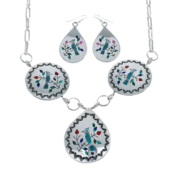 Navajo Multicolor Inlay Sterling Silver Blue Jay Link Necklace Earrings Set NN20167